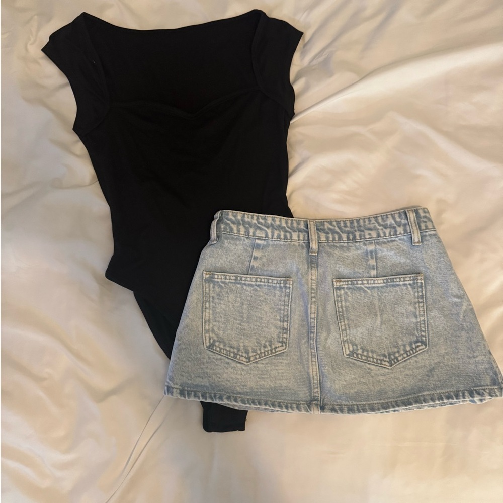 SHEIN Black Top and Light Blue Denim Mini Skirt